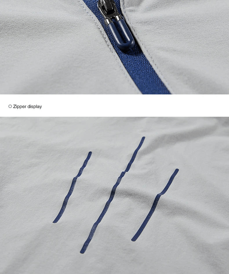 Close-up of reflective zipper and stripe detail on women's quick-dry running jacket, enhancing style and visibility in low light.